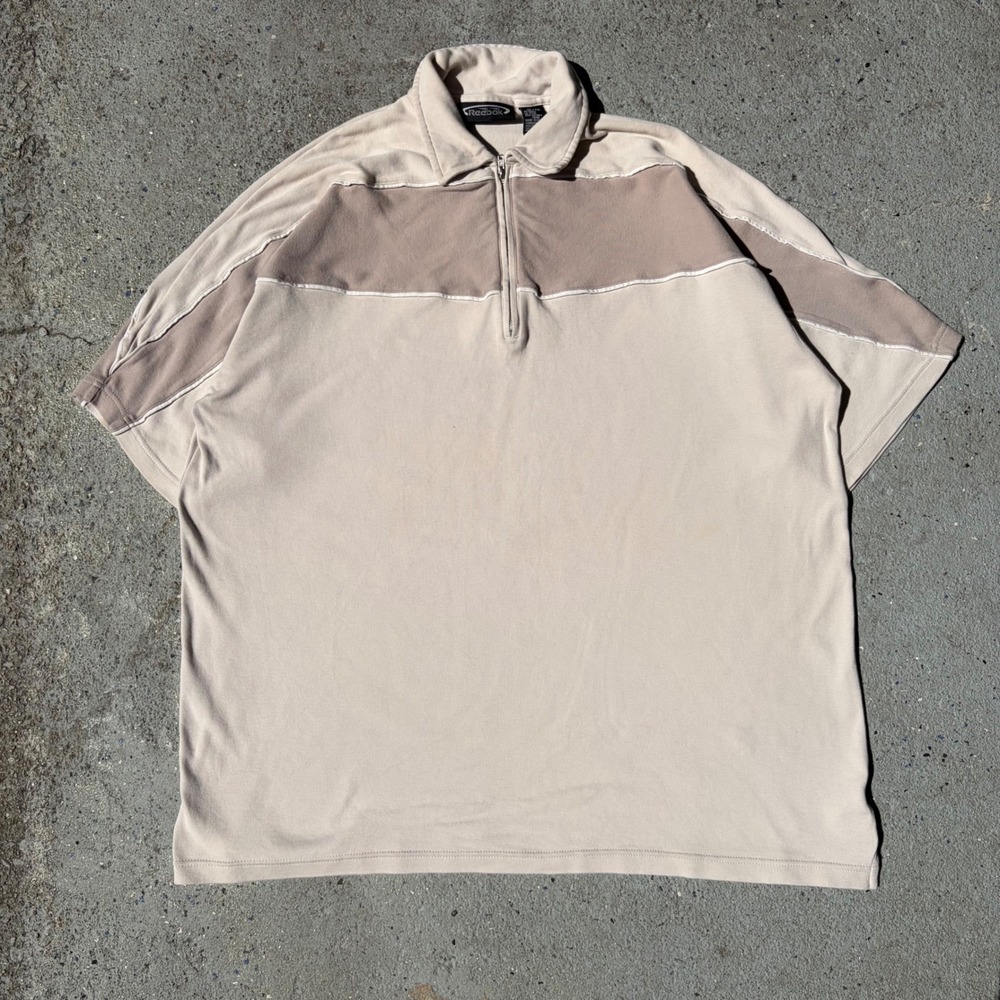 Vintage Reebok Quarter Zip Polo Shirt Mens XL Beige Tan Colorblock Cotton